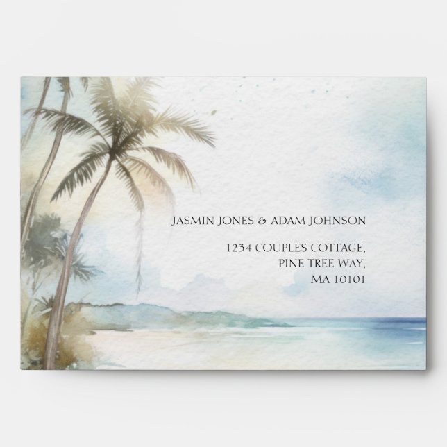 Tropical Beach Palm Tree Destination Wedding Envelope (Front)