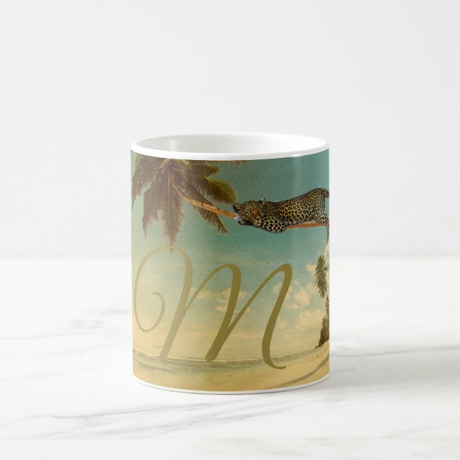 Tropical Beach Palm Tree Leopard Monogram Coffee Mug (Center)