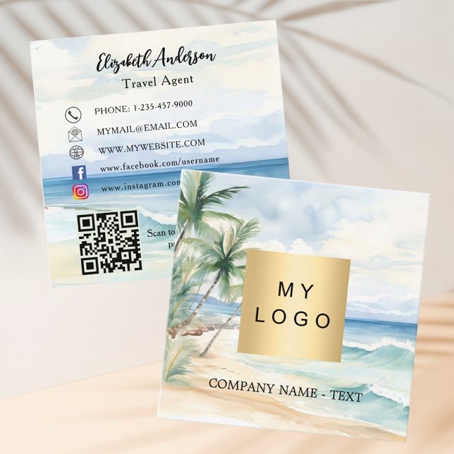 Tropical beach palm tree logo QR code social media Square Business Card (Creator Uploaded)