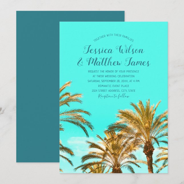 Tropical Beach Palm Tree Ocean Destination Wedding Invitation (Front/Back)