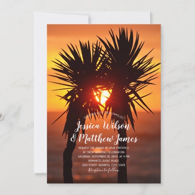 Tropical Beach Palm Tree Ocean Sunset Wedding Invitation (Front)