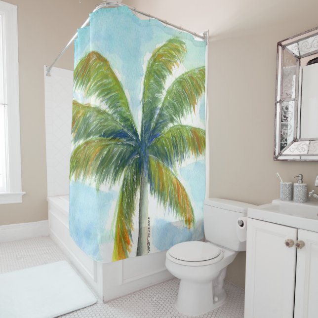 Tropical Beach palm tree on a sunny day Shower Curtain (In Situ)