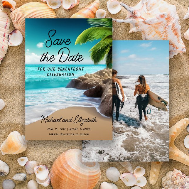 Tropical Beach Palm Tree Photo Wedding Save The Date (Tropical beach/ocean/palm trees wedding Save the Date photo card)