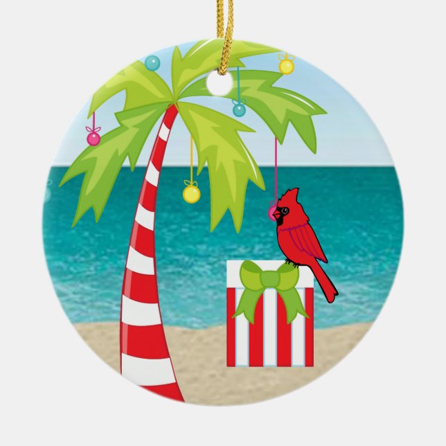 Tropical Beach Palm Tree Red Cardinal Christmas Ceramic Tree Decoration (Front)