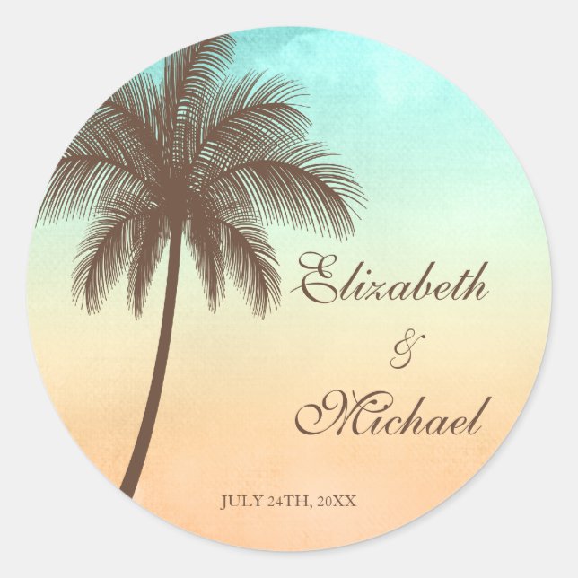 Tropical Beach Palm Tree Round Wedding Favour Labe Classic Round Sticker (Front)