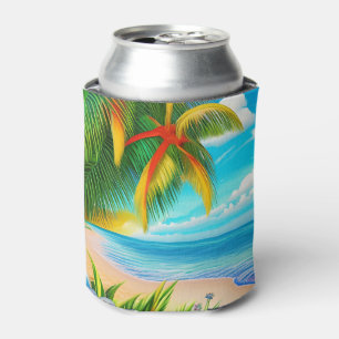 Tropical Beach Palm Tree Scene Can Cooler
