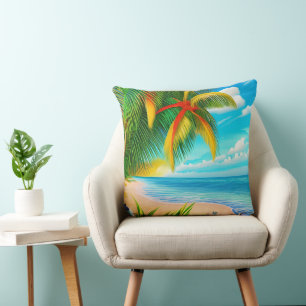 Tropical Beach Palm Tree Scene Cushion