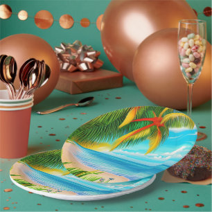 Tropical Beach Palm Tree Scene Paper Plate