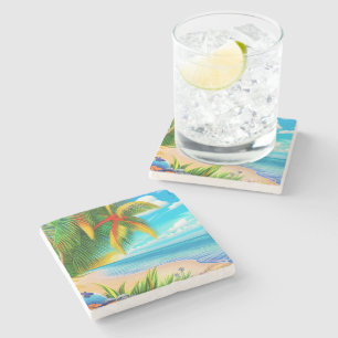 Tropical Beach Palm Tree Scene Stone Coaster