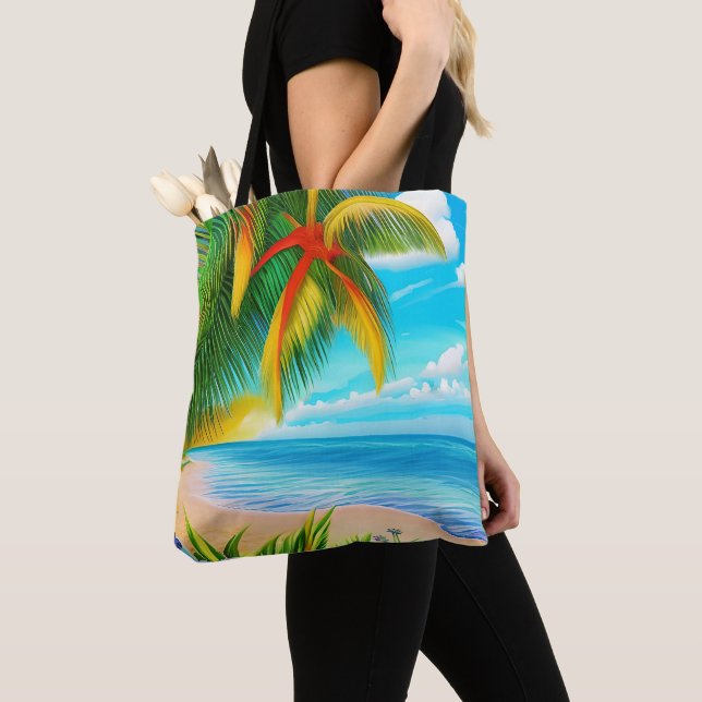 Tropical Beach Palm Tree Scene Tote Bag (Close Up)
