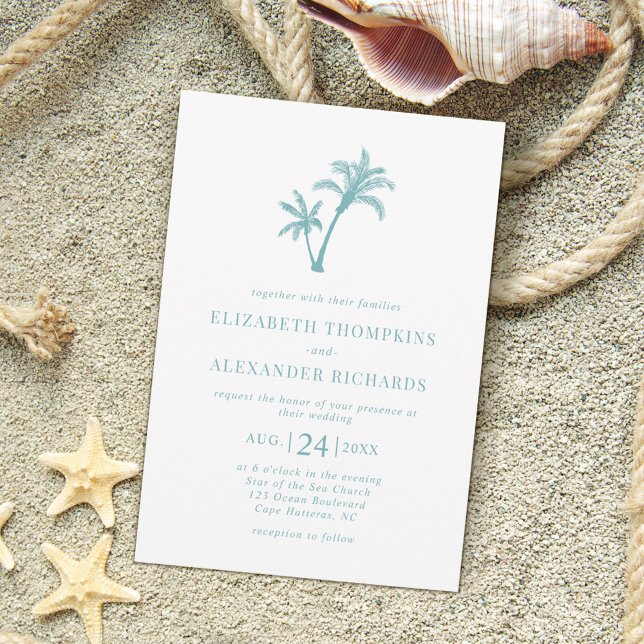 Tropical Beach Palm Tree Sea Glass Blue Wedding Invitation (Creator Uploaded)