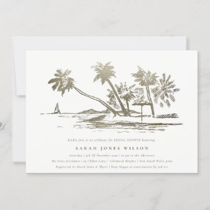 Tropical Beach Palm Tree Sketch Gold Bridal Shower Invitation