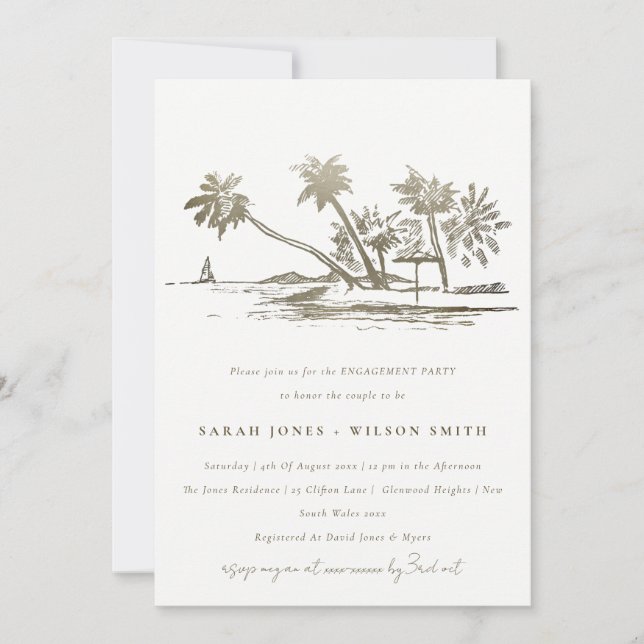 Tropical Beach Palm Tree Sketch Gold Engagement Invitation (Front)