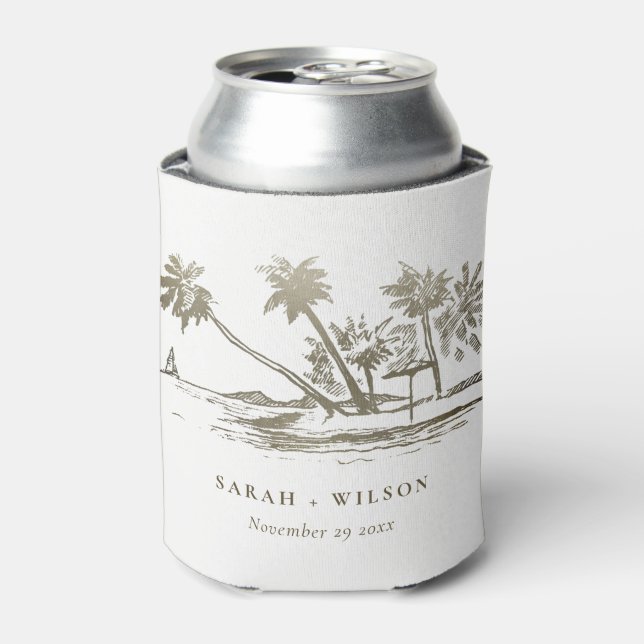 Tropical Beach Palm Tree Sketch Pale Gold Wedding Can Cooler (Can Front)