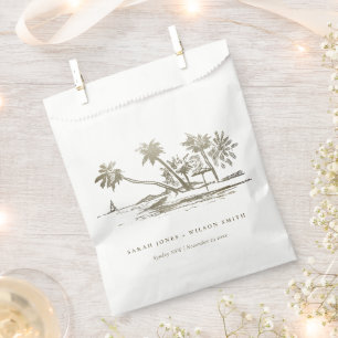 Tropical Beach Palm Tree Sketch Pale Gold Wedding Favour Bags