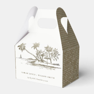 Tropical Beach Palm Tree Sketch Pale Gold Wedding Favour Box