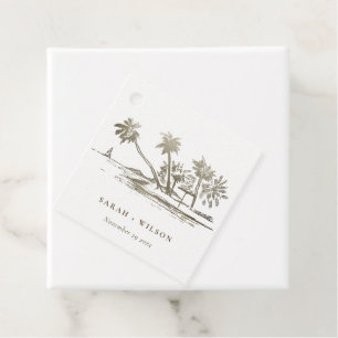 Tropical Beach Palm Tree Sketch Pale Gold Wedding Favour Tags