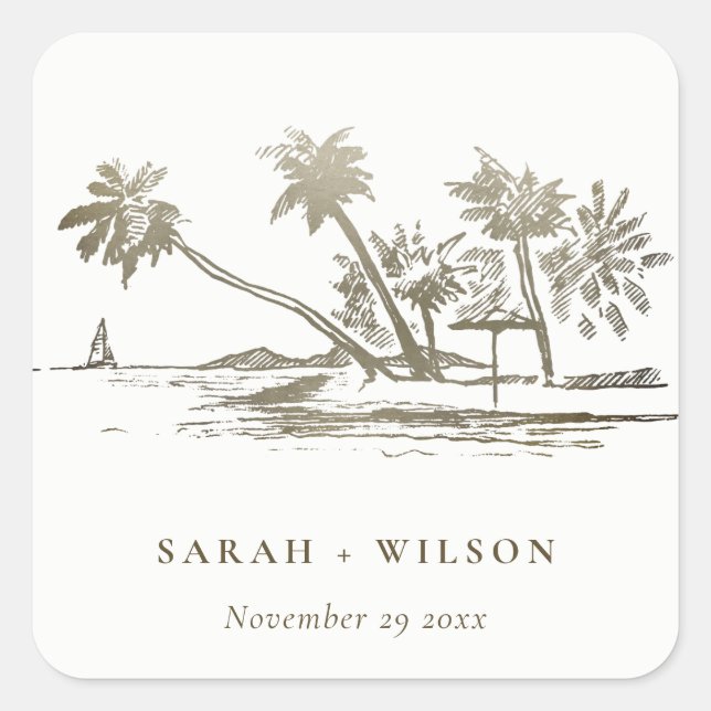 Tropical Beach Palm Tree Sketch Pale Gold  Wedding Square Sticker (Front)
