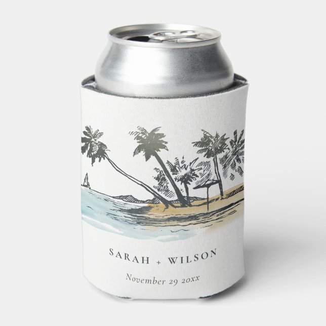 Tropical Beach Palm Tree Sketch Watercolor Wedding Can Cooler (Can Front)
