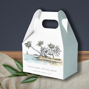 Tropical Beach Palm Tree Sketch Watercolor Wedding Favour Box