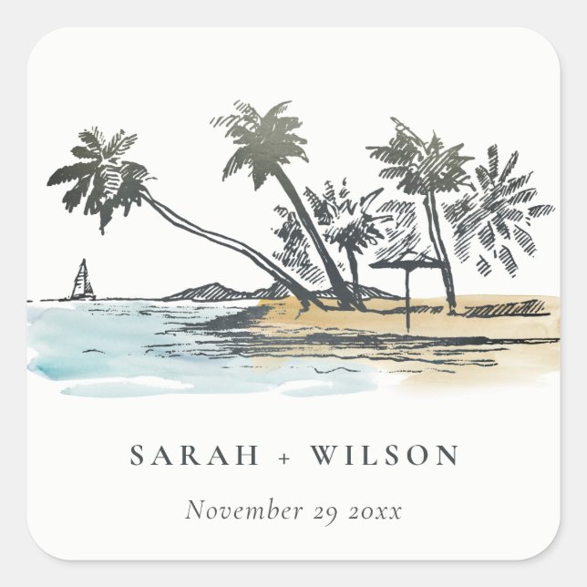 Tropical Beach Palm Tree Sketch Watercolor Wedding Square Sticker (Front)