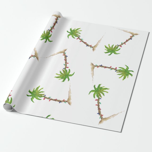 Tropical Beach Palm Tree Watercolor Christmas Wrapping Paper (Unrolled)