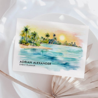 Tropical Beach Palm Tree Watercolor Island Business Card