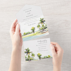 Tropical Beach Palm Tree Watercolor Wedding All In One Invitation