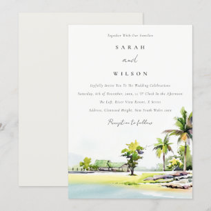 Tropical Beach Palm Tree Watercolor Wedding Invite