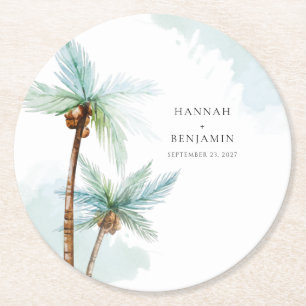 Tropical Beach Palm Tree Watercolor Wedding Round Paper Coaster