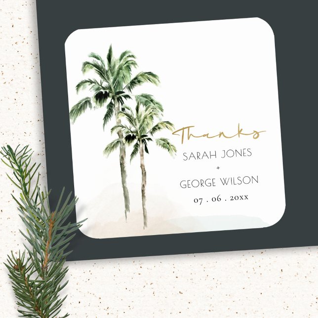 Tropical Beach Palm Tree Watercolor Wedding Thanks Square Sticker (Creator Uploaded)