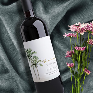 Tropical Beach Palm Tree Watercolor Wedding Thanks Wine Label