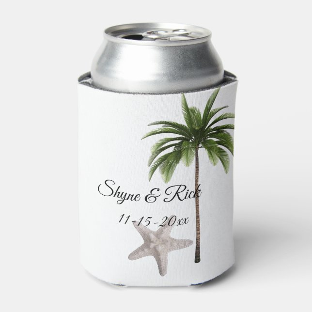 Tropical Beach Palm Tree Wedding Reception Favour Can Cooler (Can Front)