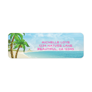 Tropical Beach, Palm Trees and Pink Text Address