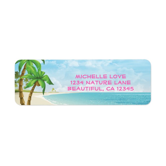 Tropical Beach, Palm Trees and Pink Text Address (Front)