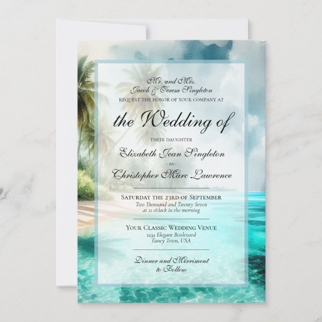 Tropical Beach & Palm Trees Formal Wedding Invitation (Front)