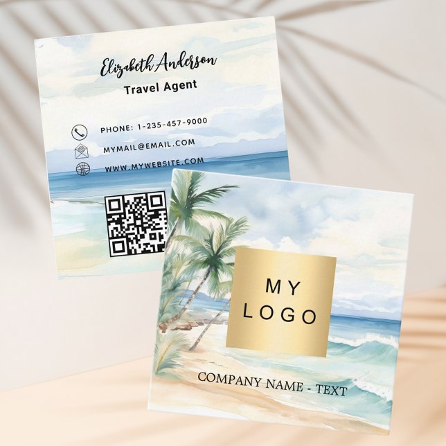 Tropical beach palm trees logo QR code Square Business Card (Creator Uploaded)