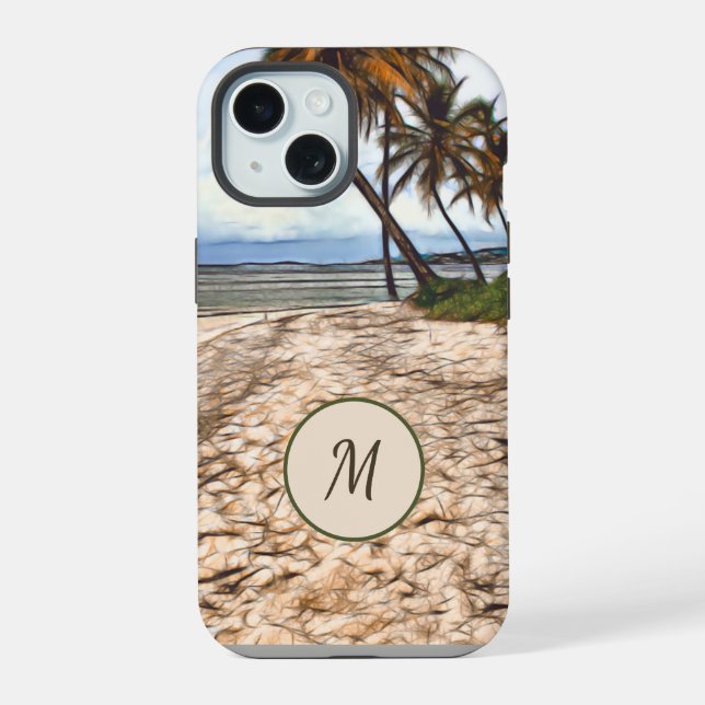 Tropical Beach Palm Trees Ocean Monogram iPhone 15 Case (Back)