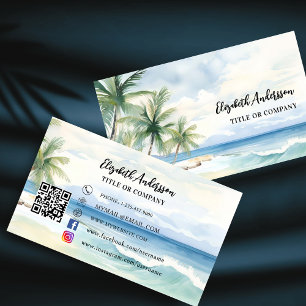 Tropical beach palm trees QR code social media Business Card