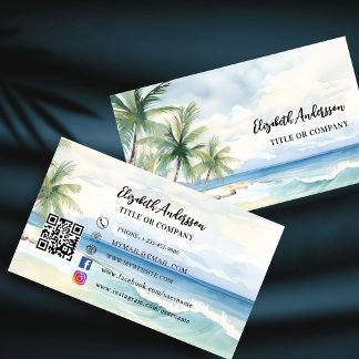 Tropical beach palm trees QR code social media Business Card