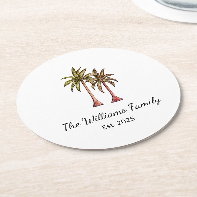 Tropical Beach Palm Trees Simple Summer Round Paper Coaster (Angled)