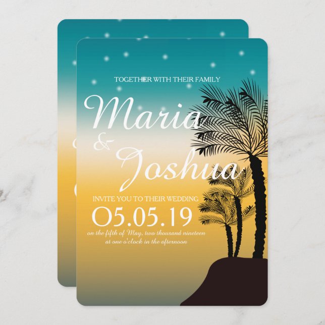 Tropical Beach Palm Trees Starry Lights Wedding Invitation (Front/Back)