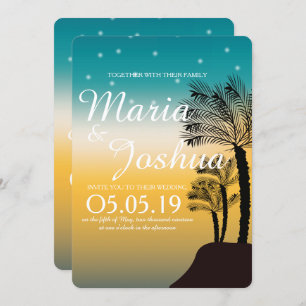 Tropical Beach Palm Trees Starry Lights Wedding Invitation