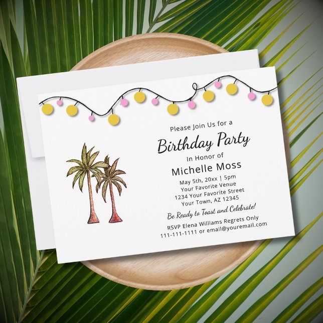 Tropical Beach Palm Trees String Lights Birthday  Invitation (Creator Uploaded)