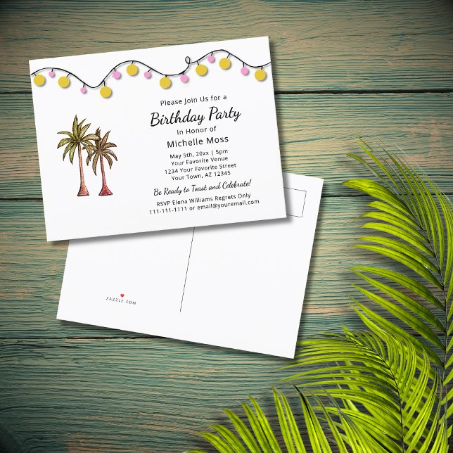 Tropical Beach Palm Trees String Lights Birthday  Invitation Postcard (Creator Uploaded)