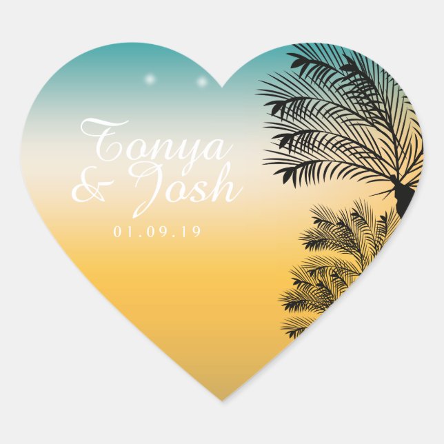 Tropical Beach Palm Trees Sunset Wedding Heart Sticker (Front)