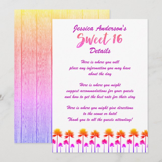 Tropical Beach Palm Trees Sweet Sixteen DETAILS Invitation (Front/Back)