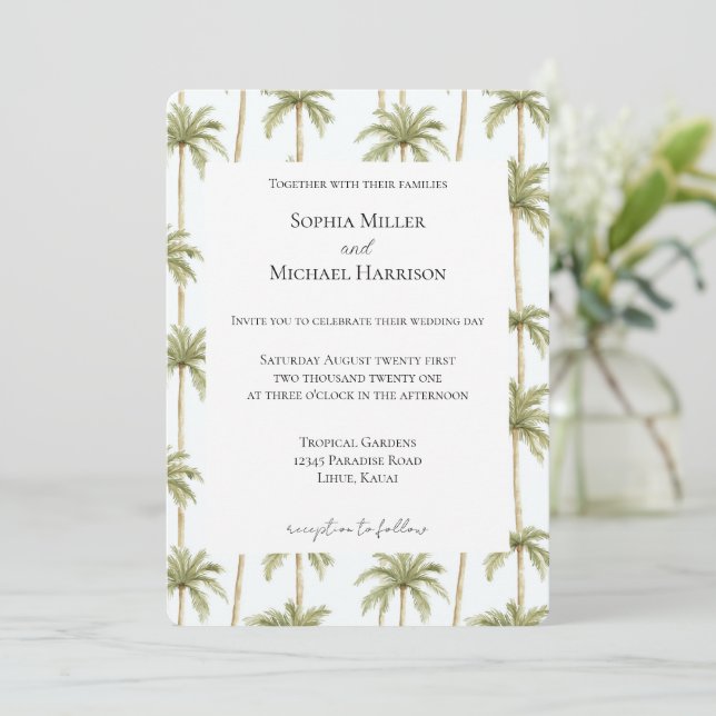 Tropical Beach Palm Trees Wedding Invitation (Standing Front)