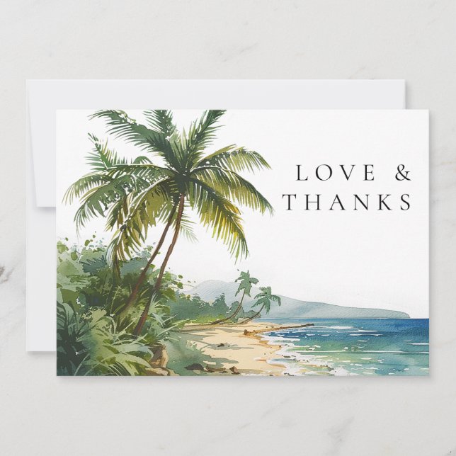 Tropical Beach Palm Trees Wedding Photo Thank You Card (Front)