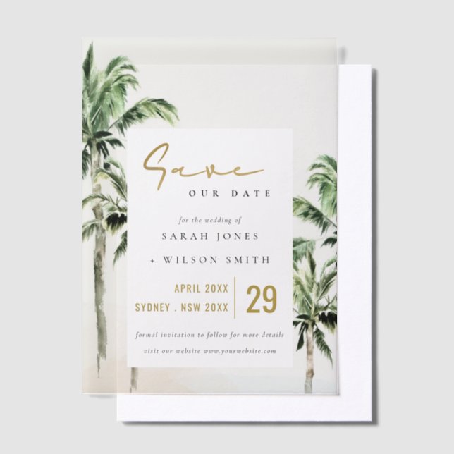 Tropical Beach Palm Trees Wedding Save The Date Vellum Invitations (Offset)